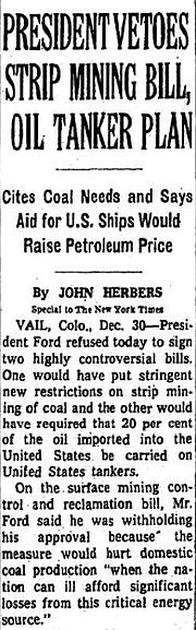 Dec 1974 New York Times reporting on President Ford’s vetoes.