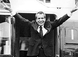 August 9, 1974. Famous farewell moment from Richard Nixon at helicopter door upon his departure from the White House following his resignation from office.