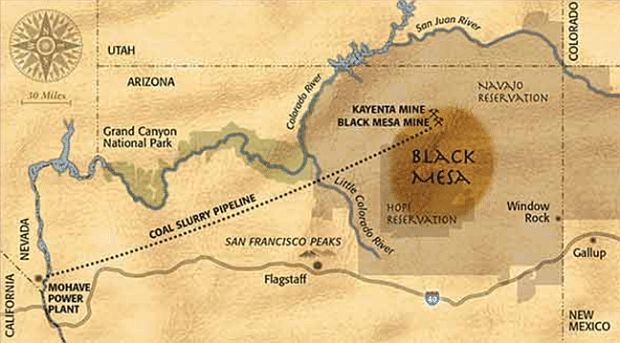 Map shows general location of two Peabody strip mines on Navajo-Hopi lands at Black Mesa in northwest Arizona, which opened in 1970 and 1973, exporting coal via slurry pipeline in one case for electric power production in Nevada.